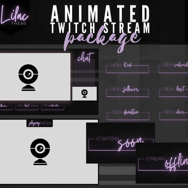 Faux Lilac Neon Light Animated Twitch Streaming Package - Labels, Panels, Starting Soon, BRB, Offline Overlays - Gamer Branding - OBS Stream