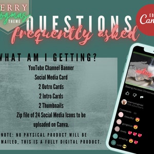 May include: A digital product for social media featuring a green background with the text "Merry vlogmas" in a white box. The text "QUESTIONS frequently asked" is in pink. The text "WHAT AM I GETTING?" is in white. A list of items included in the product is listed below. A phone screen shows a social media post with the text "Baking the best Christmas cookies EVER".