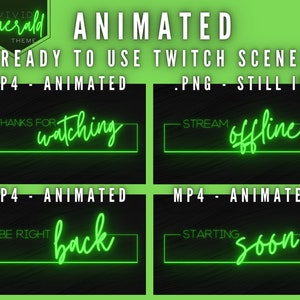 Op de afbeelding: Geanimeerde Twitch-streamscènes in groene neontekst op een zwarte achtergrond. De scènes omvatten "Bedankt voor het kijken", "Stream offline", "Zo meteen terug" en "Start binnenkort".