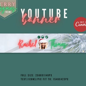 May include: A white YouTube banner with a snowy pine tree on the right side. The text "MERRY  HOLIDAY THEME" is in a green box in the upper left corner. The text "YOUTUBE BANNER" is in a pink box in the upper right corner. The text "EDIT IN Canva" is in a red circle in the upper right corner. The text "Rachel Thomas" is in pink and green neon lettering in the center of the banner. The text "HOLIDAY EDITION" is in smaller black lettering below the name. A woman with a Santa hat is in a circle in the center of the banner.