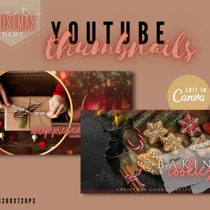 May include: Two YouTube thumbnail templates with a romantic Christmas theme. The first template shows a person wrapping a gift with red and white candy cane and twine. The second template shows a close-up of Christmas cookies with red and white icing on a dark surface. Both templates have the text "EDIT IN Canva" in the top right corner.