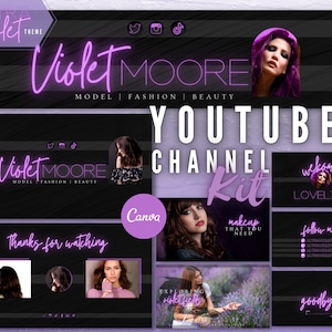 May include: A YouTube channel kit with a purple and black color scheme. The kit includes a channel banner, end screen, and intro screen. The channel banner features the text "Violet Moore" in a neon pink font. The end screen features the text "Thanks for watching" in a neon pink font. The intro screen features the text "Welcome" in a neon pink font.
