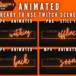 Op de afbeelding: Vier geanimeerde Twitch-scène-overlays met een Halloween-thema. De scènes zijn "Bedankt voor het kijken", "Stream offline", "Ben zo terug" en "Start binnenkort". De tekst is in neonoranje op een zwarte achtergrond.