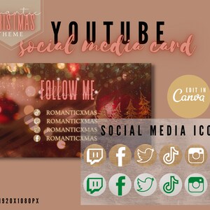 May include: A social media card template with a romantic Christmas theme. The card features a blurred background of a Christmas tree with lights and ornaments. The text "FOLLOW ME" is displayed in a pink font. The card includes social media icons for Twitch, Facebook, Twitter, TikTok, Instagram, and Pinterest. The text "EDIT IN Canva" is displayed in a circle with a brown background. The text "ROMANTICXMAS" is displayed below each social media icon. The text "SOCIAL MEDIA ICONS" is displayed in a black font. The text "SIZE: 1920X1080PX" is displayed at the bottom of the card.