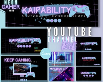 Op de afbeelding: Een YouTube-kanaalset met een neon-gamerthema. De set bevat een banner, een profielfoto en thumbnails. De banner bevat de tekst "KAIPABILITY" in roze en blauwe neonletters, met daaronder de woorden "MINECRAFT HORROR GAMER". De profielfoto is een blauwe en paarse gamecontroller met de tekst "KAIPABILITY" in roze neonletters. De thumbnails bevatten verschillende gamegerelateerde afbeeldingen, zoals een gamer die een videogame speelt, een gamecontroller en een Minecraft-personage.