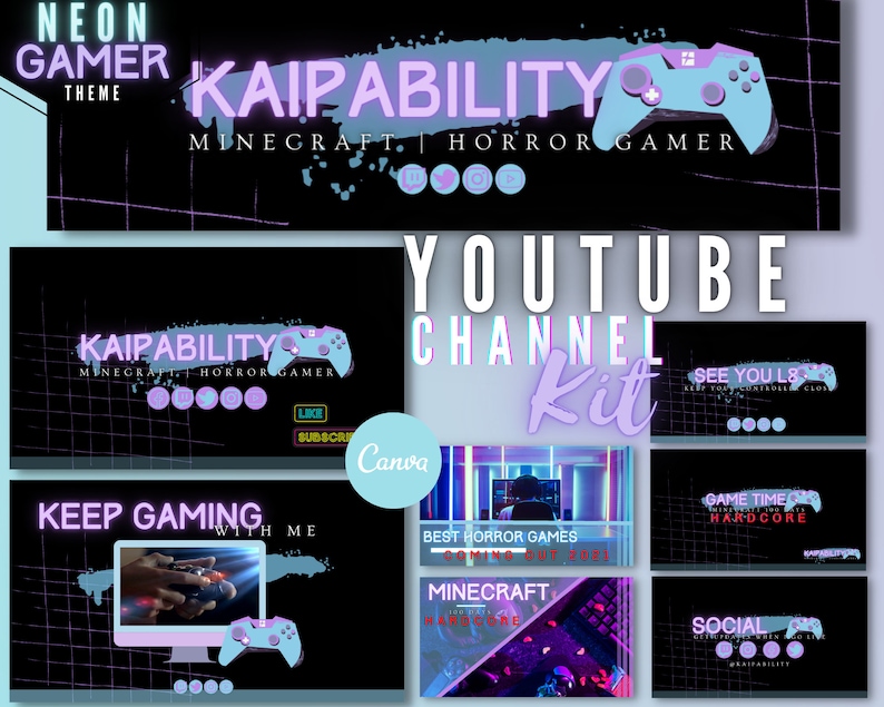 Youtube Gaming Channel Kit - Gamer Intro - Neon Branding Bundle ...