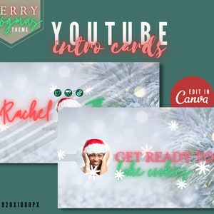 May include: Two YouTube intro cards with a Christmas theme. The first card has a white and gray striped background with the name "Rachel" in pink neon text. The second card has a snowy background with a woman in a Santa hat and the text "Get ready to bake cookies" in green and pink neon text.