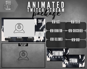 Black White Cow Pattern Animated Twitch Streaming Package - Labels, Panels, Starting Soon, Offline Overlays - Branding - OBS Stream - Gaming