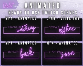 May include: Four animated Twitch stream scenes with neon pink text on a black background. The scenes include "Thanks for watching", "Stream offline", "Be right back", and "Starting soon".