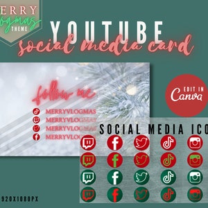 May include: A social media card template with a snowy winter background and the text "follow me". The card includes icons for various social media platforms, including Facebook, Twitter, Instagram, TikTok, and Pinterest. The text "EDIT IN Canva" is also included on the card. The card is 1920x1080 pixels.