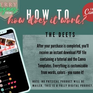 May include: A digital product for creating a Merry Vlogmas theme on Canva. The image shows a phone screen with a video of a woman in a red sweater, a Christmas tree, and the text "Wrap Presents With Me". The text "How To" and "The Deets" are also visible. The image includes the text "EDIT IN Canva".