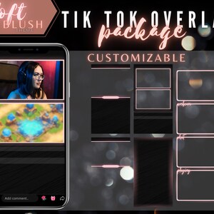 May include: A customizable TikTok overlay package with a soft blush theme. The package includes various overlay templates with a pink outline and a blurred background. The overlays feature text such as "playing" and "chat".
