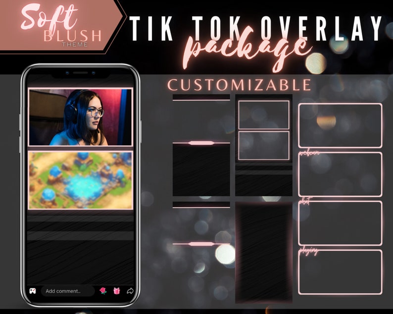 May include: A customizable TikTok overlay package with a soft blush theme. The package includes various overlay templates with a pink outline and a blurred background. The overlays feature text such as "playing" and "chat".