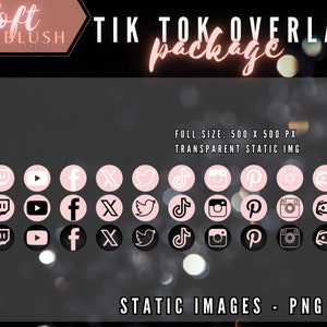 May include: A set of 30 social media icons for TikTok overlays. The icons are in black and white with a pink outline and are arranged in a grid. The icons include Twitch, YouTube, Facebook, Twitter, TikTok, Instagram, Pinterest, and Discord. The text "STATIC IMAGES - PNG" is at the bottom of the image.