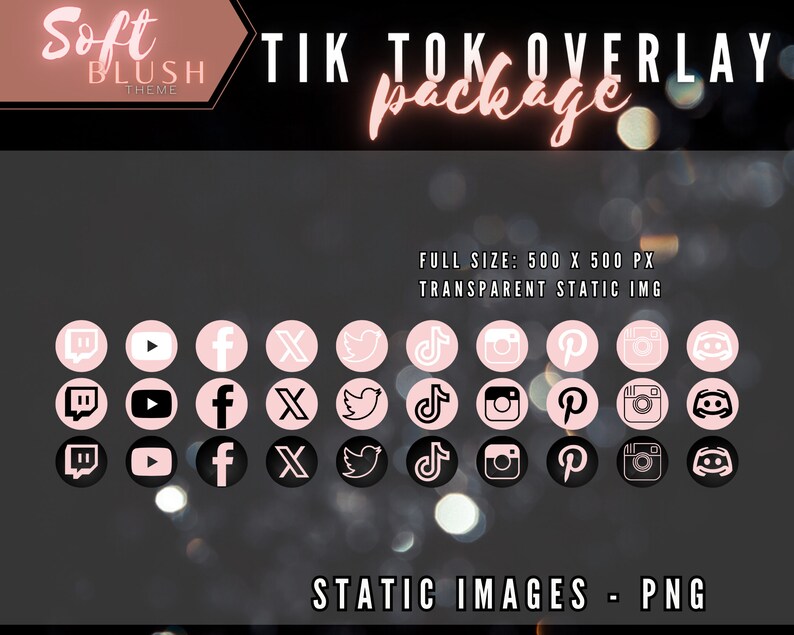 May include: A set of 30 social media icons for TikTok overlays. The icons are in black and white with a pink outline and are arranged in a grid. The icons include Twitch, YouTube, Facebook, Twitter, TikTok, Instagram, Pinterest, and Discord. The text "STATIC IMAGES - PNG" is at the bottom of the image.