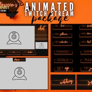 Op de afbeelding: Geanimeerd Twitch-streampakket met een Halloween-thema. Het pakket bevat een chatbox, een webcamframe, een 'nu spelen'-frame en verschillende andere frames voor verschillende gebeurtenissen, zoals nieuwe volgers, nieuwe abonnees en nieuwe hosts. De frames zijn allemaal zwart met oranje neonranden.