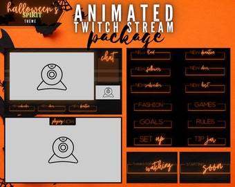 Puede incluir: Paquete de transmisión de Twitch animado con temática de Halloween. El paquete incluye un cuadro de chat, un marco de cámara web, un cuadro de reproducción ahora y varios otros cuadros para diferentes eventos, como nuevos seguidores, nuevos suscriptores y nuevos hosts. Los marcos son todos negros con contornos de neón naranja.