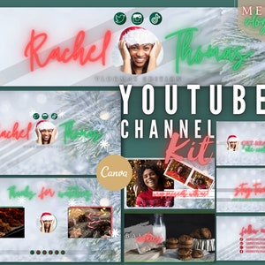 May include: A YouTube channel kit with a Christmas theme. The kit includes a banner, end screen, and thumbnails. The banner features a woman wearing a Santa hat and the text "Rachel Thomas Vlogmas Edition". The end screen features the text "Get Ready for the Holidays". The thumbnails feature a variety of images, including a woman baking cookies, a woman wrapping presents, and a woman decorating a Christmas tree.