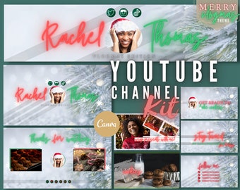 May include: A YouTube channel kit with a Christmas theme. The kit includes a banner, end screen, and thumbnails. The banner features a woman wearing a Santa hat and the text "Rachel Thomas Vlogmas Edition". The end screen features the text "Get Ready for the Holidays". The thumbnails feature a variety of images, including a woman baking cookies, a woman wrapping presents, and a woman decorating a Christmas tree.