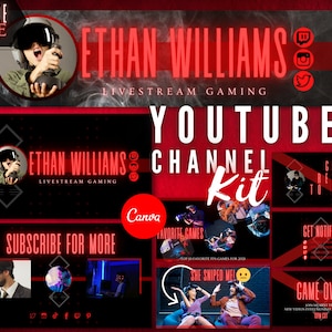 Gamer YouTuber Branding Kit - YouTube Channel Art for Gaming - Red Black Shooting FPS Game Package with Thumbnails, Intro Outro, End Cards