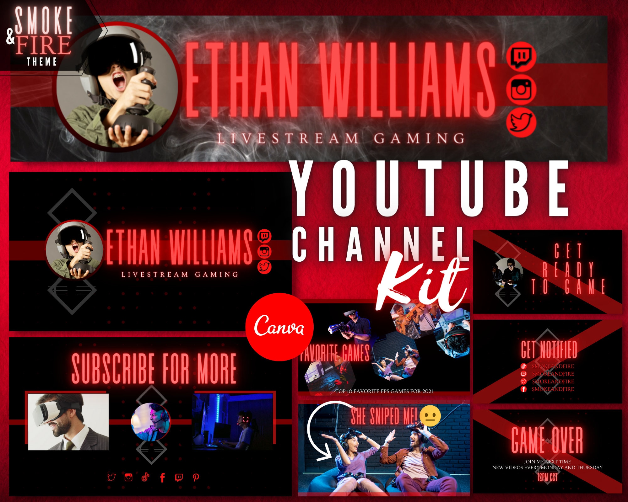 Gamer Youtuber Branding Kit Youtube Channel Art for Gaming Red Black