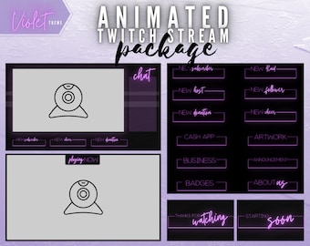 Neon Black & Purple Animated Twitch Streaming Package - Labels, Panels, Starting Soon, BRB, Offline Overlays - Beauty Branding - OBS Stream