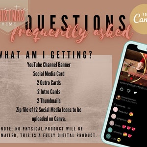 May include: A digital product listing for a set of Christmas-themed social media graphics. The graphics include a YouTube channel banner, social media card, outro cards, intro cards, thumbnails, and social media icons. The listing includes a preview of a graphic with the text "Wrap Presents With Me".