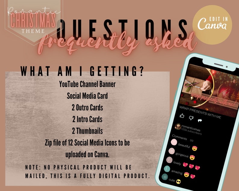 May include: A digital product listing for a set of Christmas-themed social media graphics. The graphics include a YouTube channel banner, social media card, outro cards, intro cards, thumbnails, and social media icons. The listing includes a preview of a graphic with the text "Wrap Presents With Me".