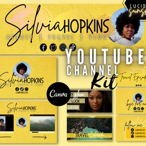 May include: A YouTube channel kit with a yellow and black color scheme. The kit includes a channel banner, end screen, and intro screen. The text "SilviaHOPKINS" is featured on the channel banner and intro screen. The text "YOUTUBE CHANNEL Kit" is featured on the channel banner. The text "Travel Episode 08" is featured on the end screen.