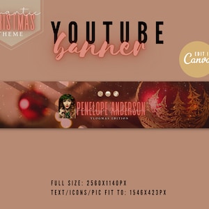May include: A YouTube banner with a romantic Christmas theme. The banner features a woman with a red Christmas ornament, a gold glitter background, and the text "PENELOPE ANDERSON VLOGMAS EDITION".