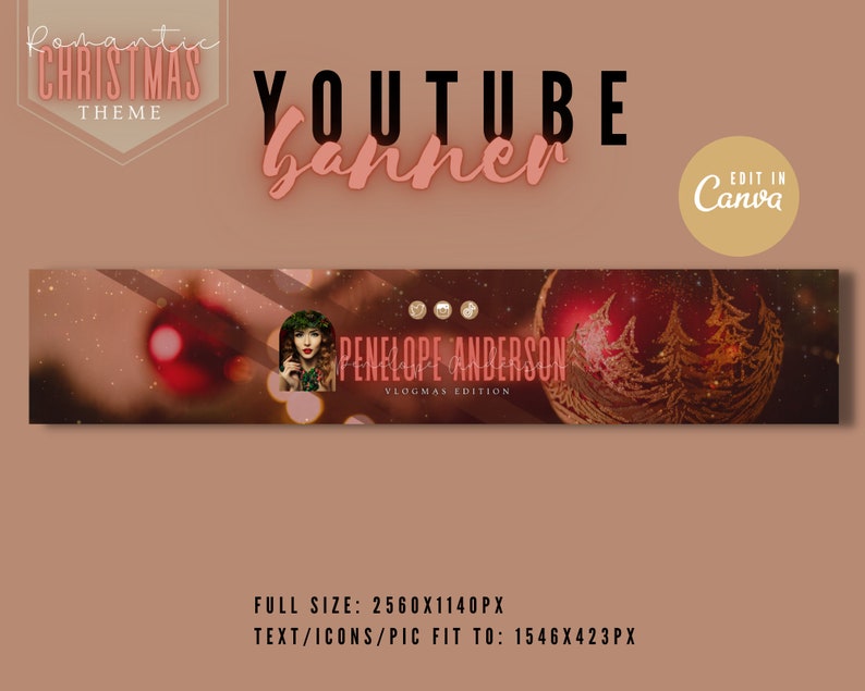 May include: A YouTube banner with a romantic Christmas theme. The banner features a woman with a red Christmas ornament, a gold glitter background, and the text "PENELOPE ANDERSON VLOGMAS EDITION".