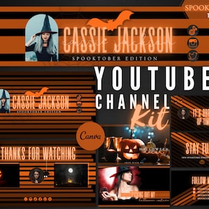 May include: A Halloween-themed YouTube channel kit in orange and black. The kit includes banners, thumbnails, and social media icons. The text includes "Cassie Jackson", "Spooktober Edition", and "Halloween". A witch is featured in the banner.