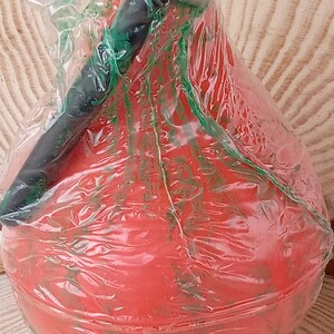 May include: A red rubber bulb with a black plastic nozzle, wrapped in clear plastic with green lettering. The bulb is used for inflating items like balloons or sports balls.