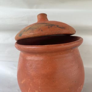 May include: A small, round, terracotta-colored clay pot with a wide opening and a matching lid. The pot features a smooth, matte finish with subtle variations in color and dark, charcoal-like markings on the top of the lid.