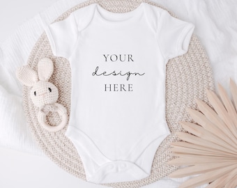 Baby Vest Mockup, White Vest Bodysuit Mock Up, Baby Romper Flat Lay, Babygrow Neutrals Mock Up Styled Photography, JPEG Digital Mock-up