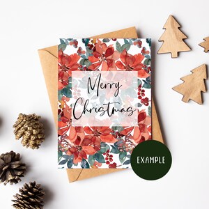 K&ouml;nnte beinhalten: Eine Weihnachtskarte mit einem Aquarelldesign aus roten Weihnachtssternen und gr&uuml;nen Bl&auml;ttern. Die Karte tr&auml;gt den Text "Merry Christmas" in schwarzer Schrift.