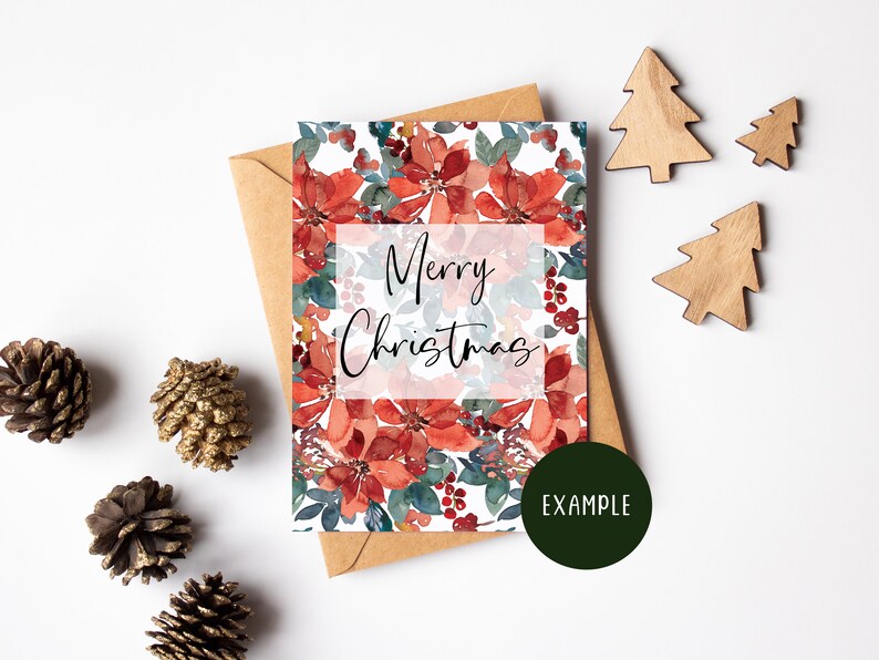 K&ouml;nnte beinhalten: Eine Weihnachtskarte mit einem Aquarelldesign aus roten Weihnachtssternen und gr&uuml;nen Bl&auml;ttern. Die Karte tr&auml;gt den Text "Merry Christmas" in schwarzer Schrift.