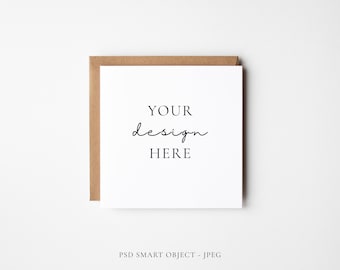 Minimal Square Greeting Card Mockup With Kraft Envelope, White Birthday Invitation Mock Up, PSD & JPEG Digital Mock-up Download