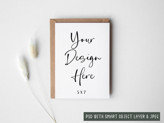 5x7 White Greeting Card Mockup With Kraft Envelope, Minimalist Birthday Card Digital Mock-up, PSD With Smart Object Layer and JPEG Download