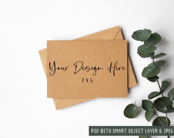 7x5 Kraft Greeting Card Mockup With Kraft Envelope, Birthday Invitation Digital Mock-up, PSD with Smart Object Layer & JPEG Mock Up Download