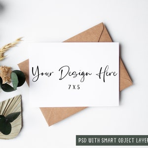 7x5 White Greeting Card Mockup With Kraft Envelope in Landscape / Horizontal, PSD With Smart Object Layer and JPEG Digital Mock-up Download