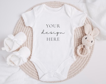 Baby Vest Bodysuit Mockup, White Baby Vest Mock Up, Baby Romper Flat Lay, Babygrow Neutrals Mock Up Styled Photography, JPEG Digital Mock-up
