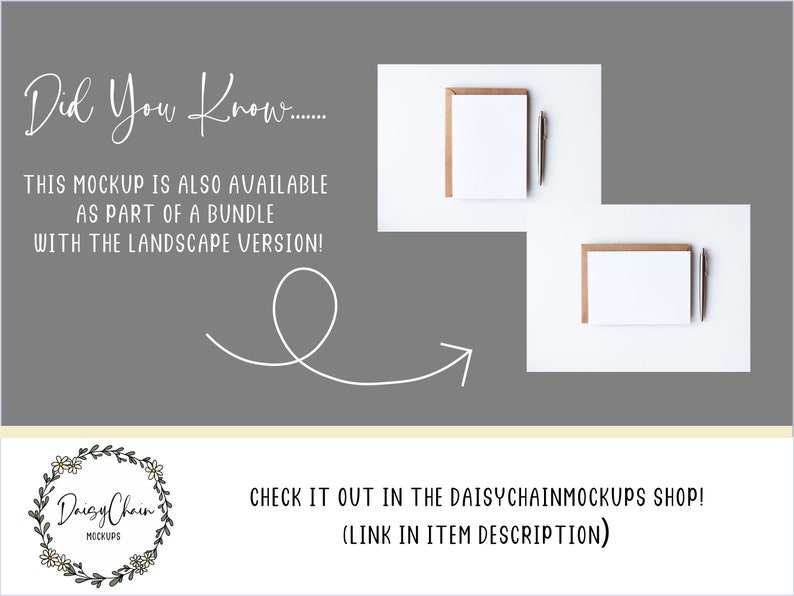 K&ouml;nnte beinhalten: Mockup von zwei leeren wei&szlig;en Karten mit braunen Papierr&auml;ndern, jede mit einem silbernen Stift auf einer wei&szlig;en Oberfl&auml;che. Der Text "Did You Know..." befindet sich oben im Bild. Der Text "This mockup is also available as part of a bundle with the landscape version!" befindet sich unter den Karten. Der Text "CHECK IT OUT IN THE DAISYCHAINMOCKUPS SHOP! (LINK IN ITEM DESCRIPTION)" befindet sich unten im Bild.