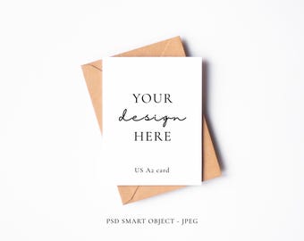 Minimalist A2 Greeting Card Mockup, Kraft Envelope (PSD & JPEG)
