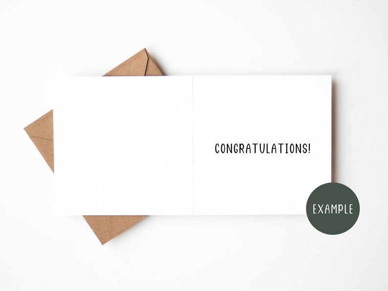 May include: A blank white card with a brown envelope on the left side and the word "CONGRATULATIONS!" printed on the right side. The word "EXAMPLE" is printed in a circle on the bottom right corner.