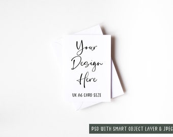 Minimal UK A6 Greeting Card Mockup With Diagonal White Envelope, PSD Smart Object Layer and JPEG Digital Mock-up Download
