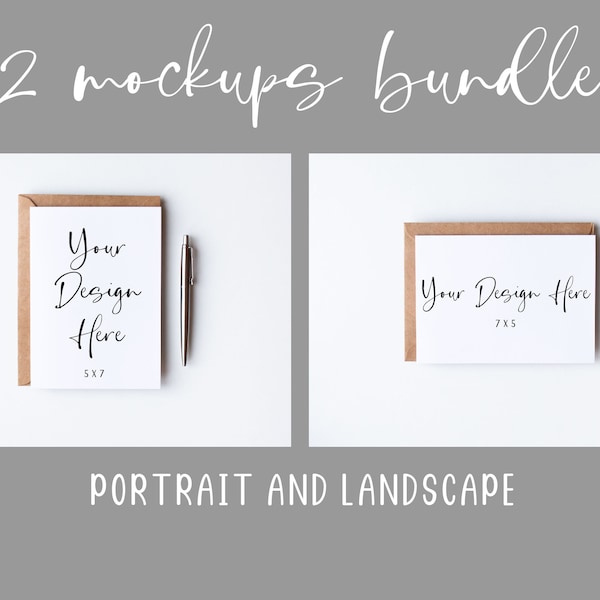 2 White Greeting Card Mockups With Kraft Envelope, 5x7 Birthday Card Mock-ups Bundle, Wedding Invitation Digital Mock Up, JPEG Download