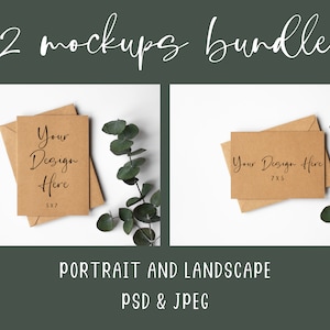 2No. Maquetas de tarjetas de felicitación Kraft con sobre Kraft, paquete de maquetas de 5x7, PSD con capa de objeto inteligente y descarga de maquetas digitales JPEG