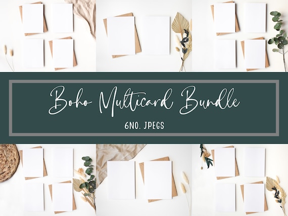 6No. 5x7 Greeting Card Mockups, Multicard Pack Mock Ups, Boho Digital Mock-up Bundle, JPEG Instant Download