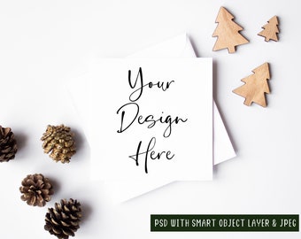 Square Christmas Card Mockup, PSD Smart Object Digital Mock-up, Rustic Festive Holiday Season Portrait Mock Up With Cones, JPEG Download